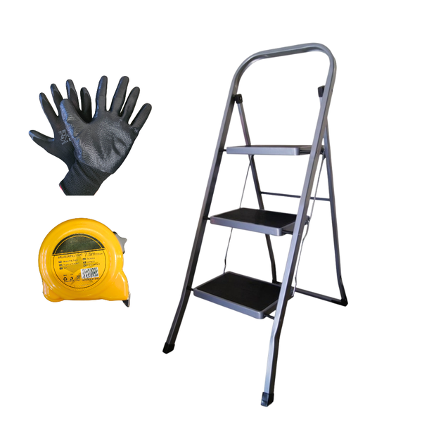 High-End 3-Step Folding Ladder, 7.5m Measuring Tape and Work Gloves Combo