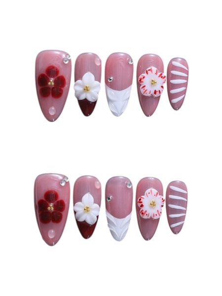 10 Piece - Floral Glow Almond Press-On Nails Set - Multicolor