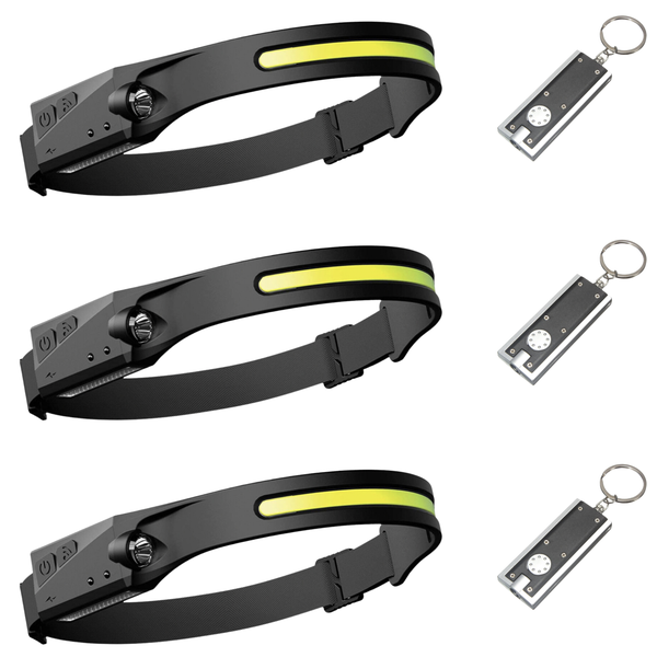 Multi-function LED Rechargeable Head Lamp &amp; Keyring Torch - 2 Pack