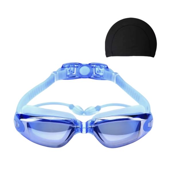 HD Lens Anti-fog Swim Goggles and Cap - Blue