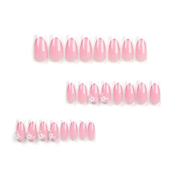 White French Tip Press on Nails Short Square False Nails With 3D Floral