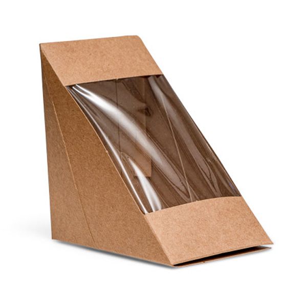 Large 4 Slice Kraft Sandwich Wedge Box with PLA Window - Pack of 50