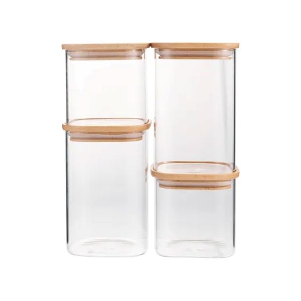 Stackable Glass Container Set Of 4 With Beech Lids W11 X D11 X H10