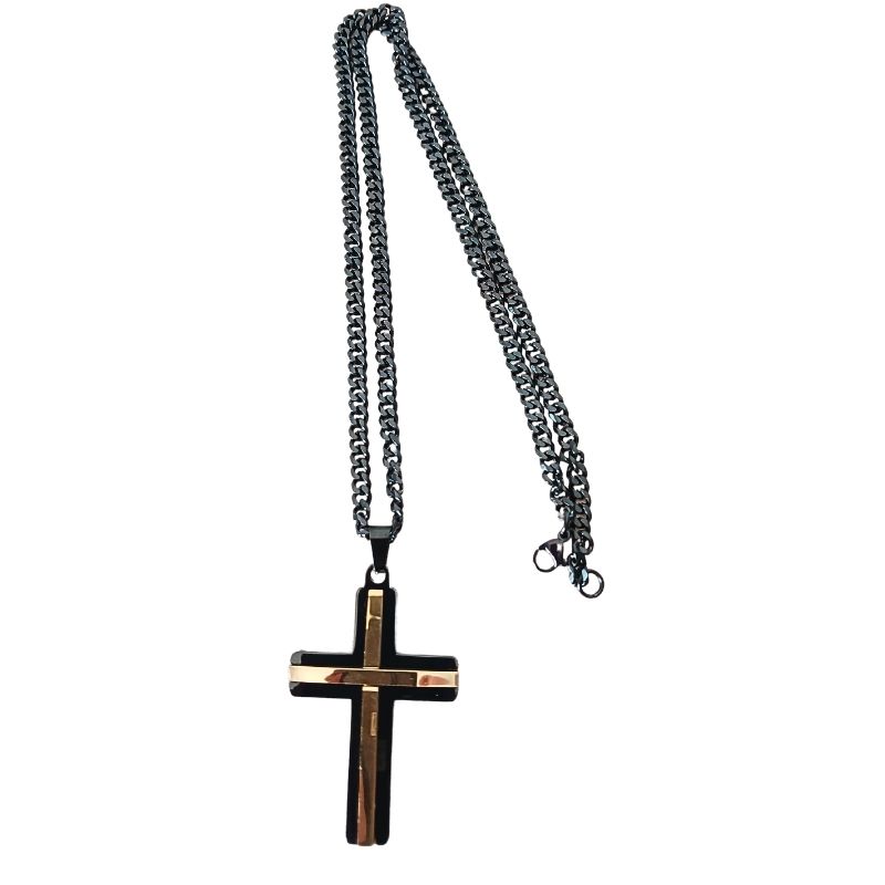 Mens Black and Gold Plated Stainless steel Cross Pendant Necklace