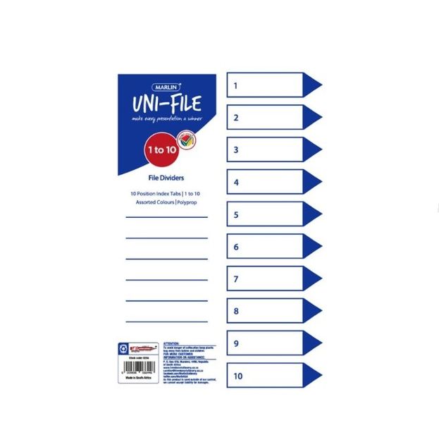 Marlin File dividers / indexes Polyprop: 10 position printed 1-10 - 10 Pack