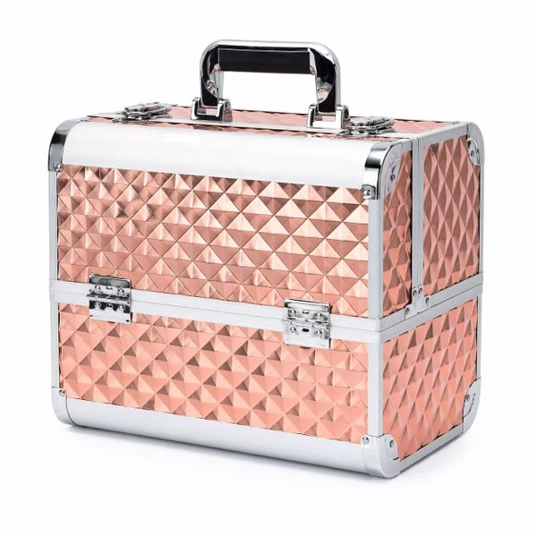 Rose Gold Makeup Box Cosmetic Case Travel Organizer with Extendable Tray