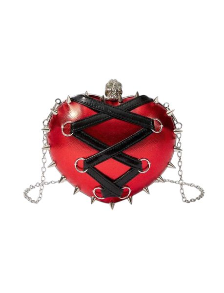Gothic Heart Skull Crossbody Bag with Spikes - Red &amp; Black