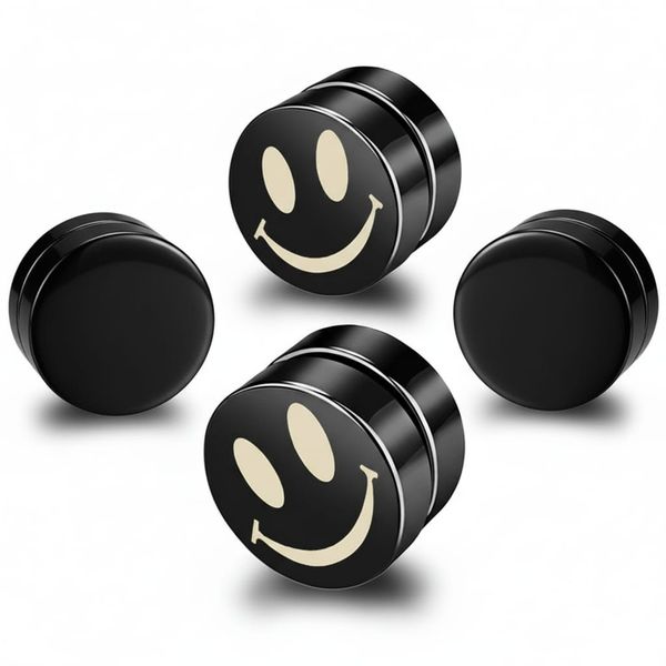 2 Pack Black Magnetic Circle Stud Earring with Smiling Face and Plain Black