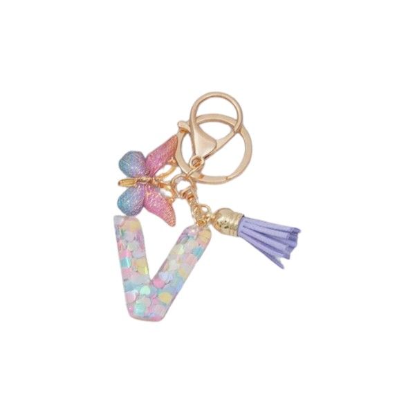 "V" Keychain With Gradient Butterfly Charm and Purple Tassel - Multicolor