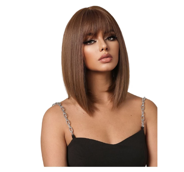 Women's Wig, Short Bob Style With Bangs, Length 35cm, Light Chestnut Brown