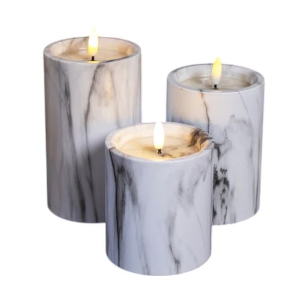 Set of 3 Marble Design LED Flameless Candle With Battery Operation - White