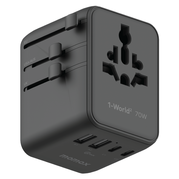 Momax 1-World2 70W GaN 5-Port + Dual AC Mini Travel Adapter Black