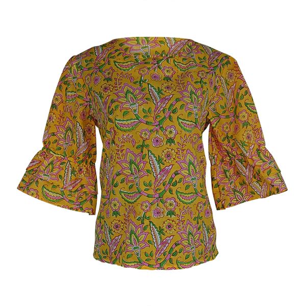 Women's Floral Print Top with Double Frill - Yellow