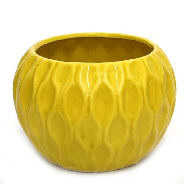 PH Garden - Rounded Pot Cover White - Wiggle Design Mustard D17 x H12cm
