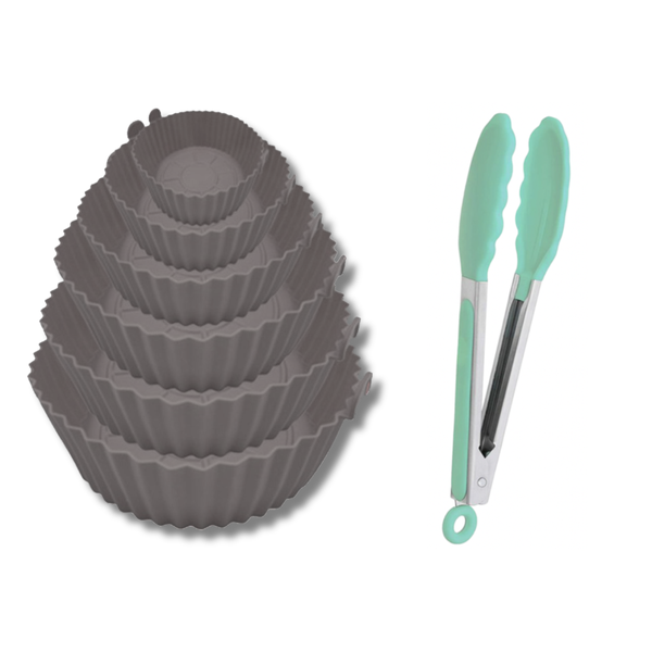 Set of 6 Reusable Silicone Air-Fryer Liners with Silicone Tongs