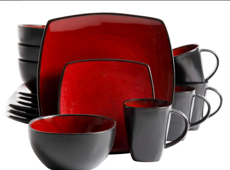 Square Ceramic Dinner Set 16 Pieces - Red And Black Set