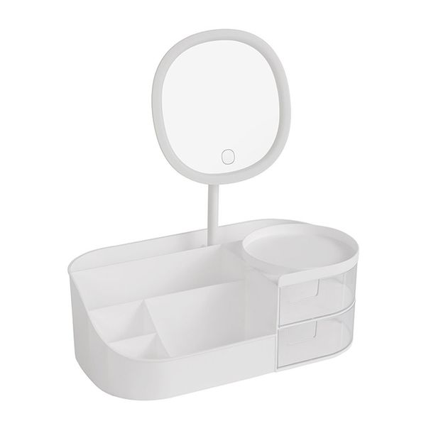 White Makeup Organiser with Drawer &amp; LED Light Mirror Cosmetic Storage Box
