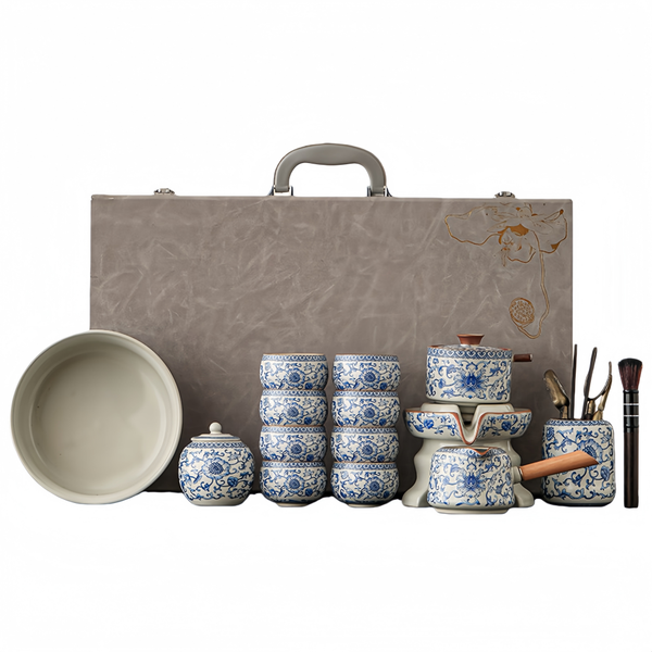 Automatic Ceramic Kung Fu Tea Set, Blue &amp; White Floral Teapot Cups Set
