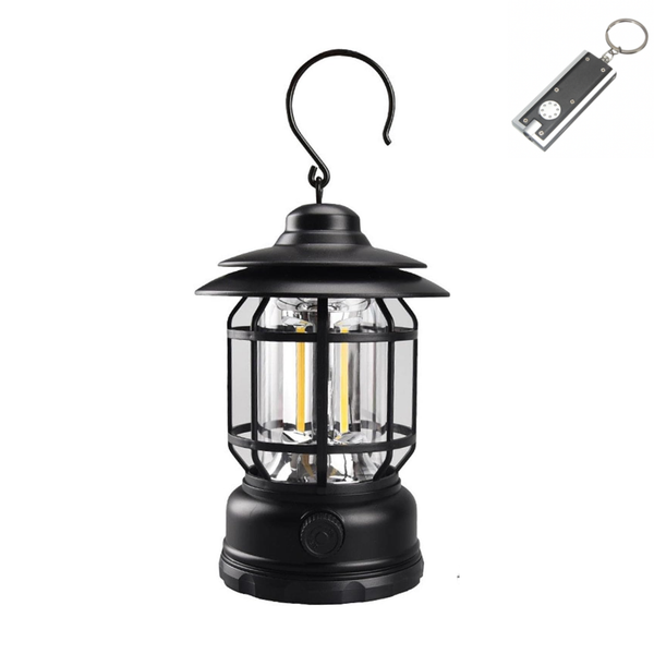 Vintage USB Rechargeable Camping Lantern with LED Keyring Torch - 2 Pack