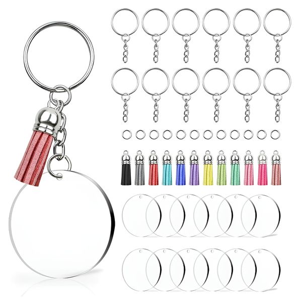200 Pcs Round Acrylic Key Rings With Tassels Kit For DIY Keychains - Clear