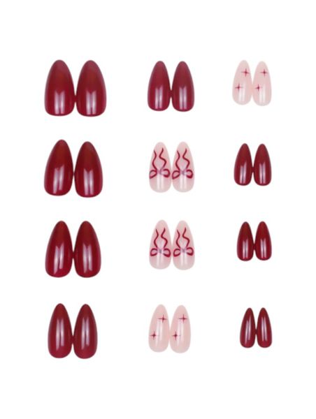 24 Piece - Long Almond Mixed Art Nail Set with Elegant Bow Details - Red