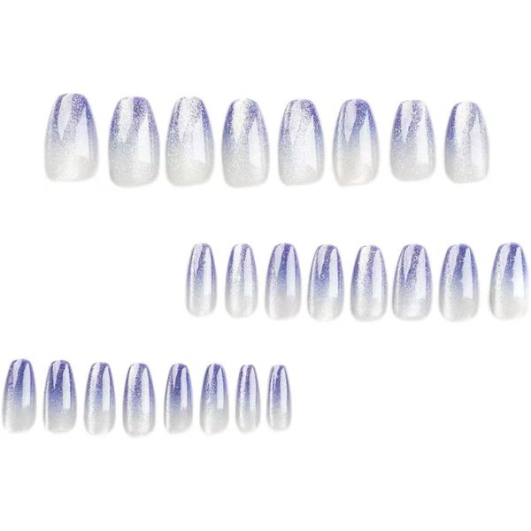 Press on Nails Medium Blue Fake Nails with Ombre Glitter Deisgn