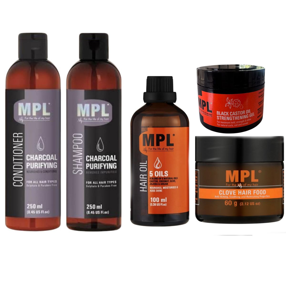 MPL Charcoal Shampoo, Conditioner, Hair Oil, Hairfood & Strengthening Gel