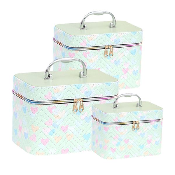 3 Pieces Heart Pattern Makeup Bag With Mirror