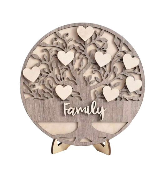 Wooden Names On Heart Family Tree Shape Display Sign
