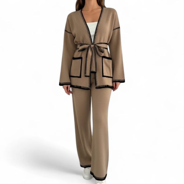 Two Piece Knit Woolen Cardigan &amp; Pants Multicolor