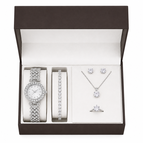 Crystal Lady Watch Jewellery Gift Set Necklace Bracelet Ring Earrings 5P Image