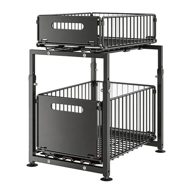 2 Tier Sliding Drawer Organizer, Adjustable Height under Sink Organizer