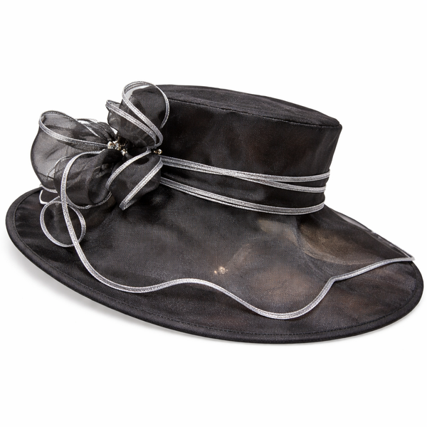 Women's Black Wide-Brim Organza Occasion Hat with Floral Detail
