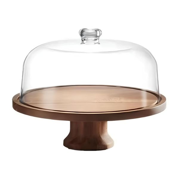 ZY149-3A Glass Dome Cover Cake Stand with Wooden Stand (28CM)