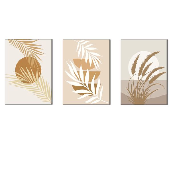 Canvas-Art-3 Pieces Palm Leaves &amp; Sun Beige, Brown &amp; Cream Floral Wall Art