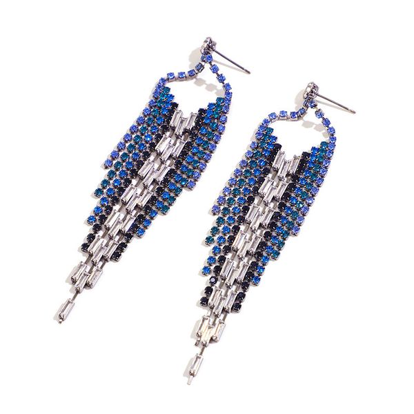 Blue Rhinestone Crystal Geometric Long Tassel Earrings
