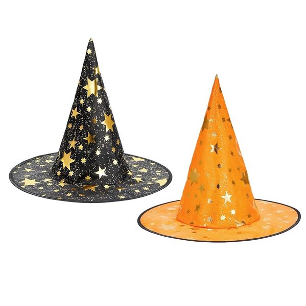 Halloween Witch/Wizard Hat with Gold Stars - Orange &amp; Black (Set of 2)