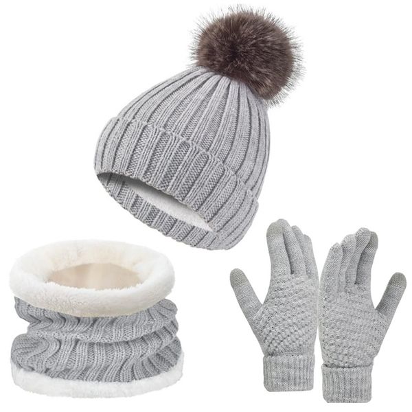 3 Pack Warm Grey Beanie Hat Fleece Neck Warmer Winter Touch Screen Gloves