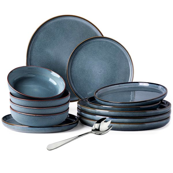 13 Pieces - Each Piece Stoneware Plates and Bowls Dinnerware Sets