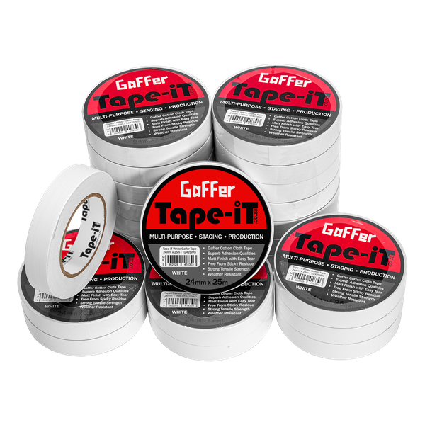 Tape-iT Carton with 24 Rolls of White Gaffer Tape 24mm x 25m | Ti2425WG24