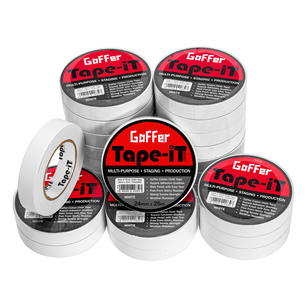 TapeiT Carton with 24 Rolls of White Gaffer Tape 24mm x 25m