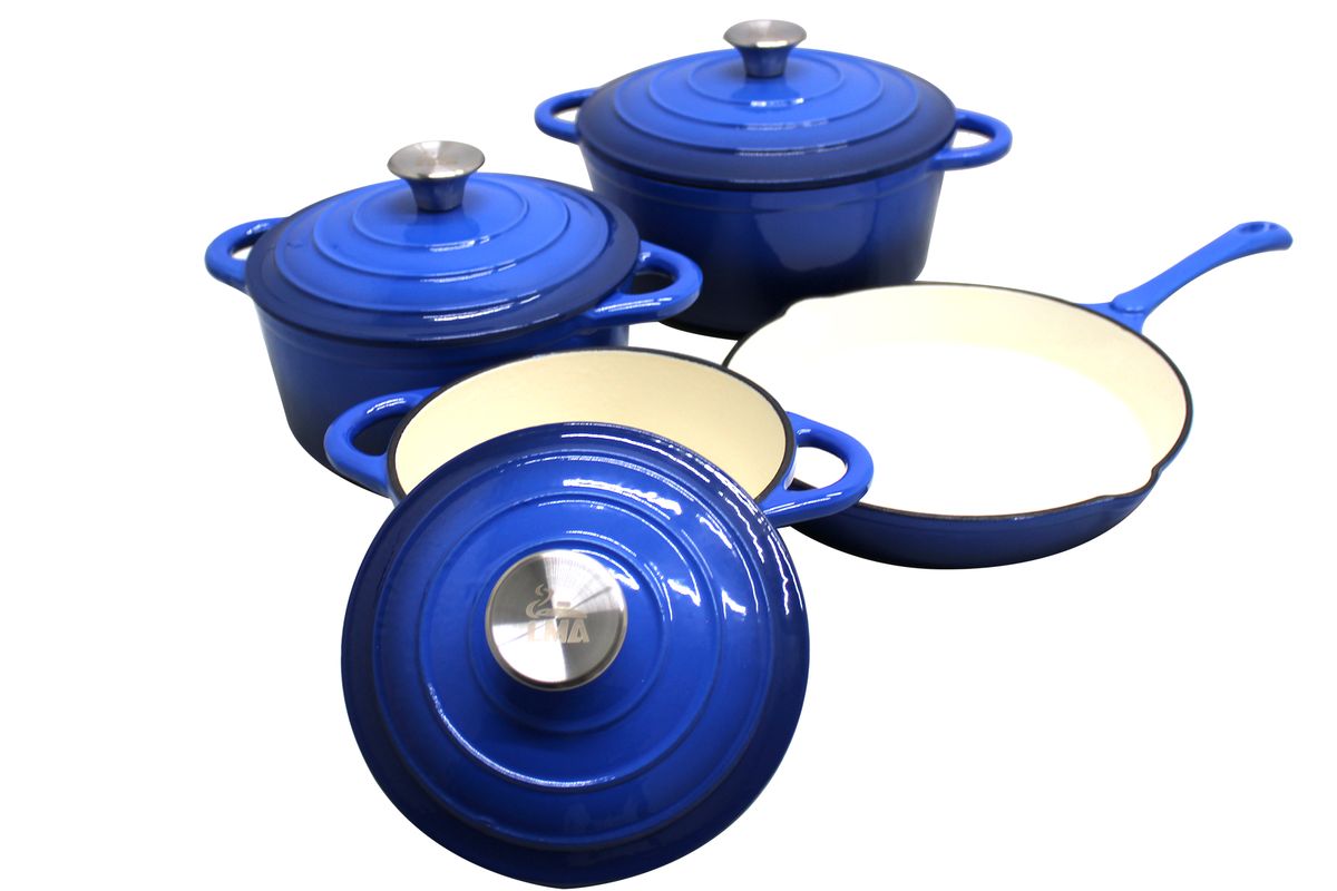 LMA 7 Piece Authentic Cast Iron Dutch Oven Cookware Pot Set Blue