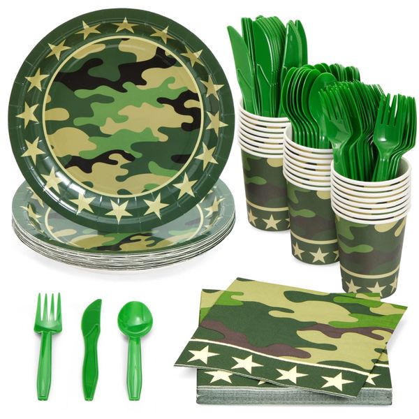 Topika - 144-Piece Camo Party Plates and Paper Tableware Set for 24 Guests