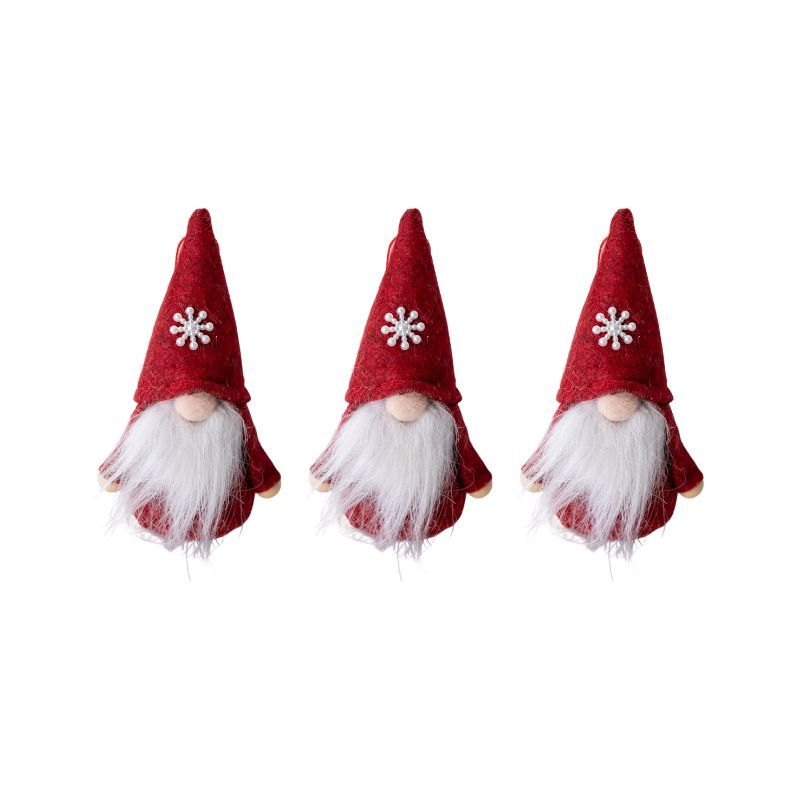 Nordic Scandinavian Set of 3 Red Gnome Hanging Christmas Tree Decorations
