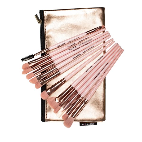 Glam Beauty - 12 Piece Metallic Makeup Brush Set + Pouch - Rose