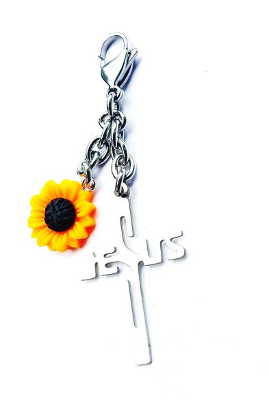 Stainless Steel "Jesus" Cut Out Cross with Bright Sunflower Charm
