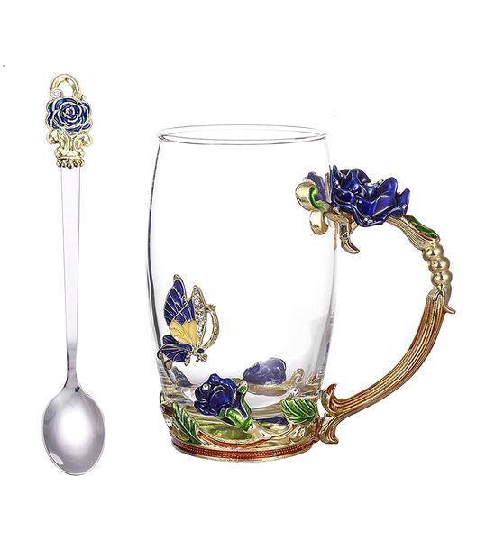 Enamel Design Butterfly Flower Glass Coffee Mug with Spoon