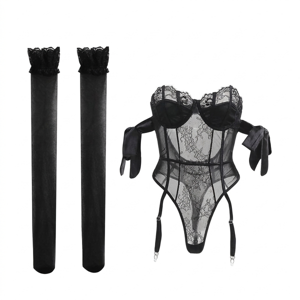 Seductive Lace Corset Bodysuit With Garter Clips &amp; Detachable Bow Sleeves