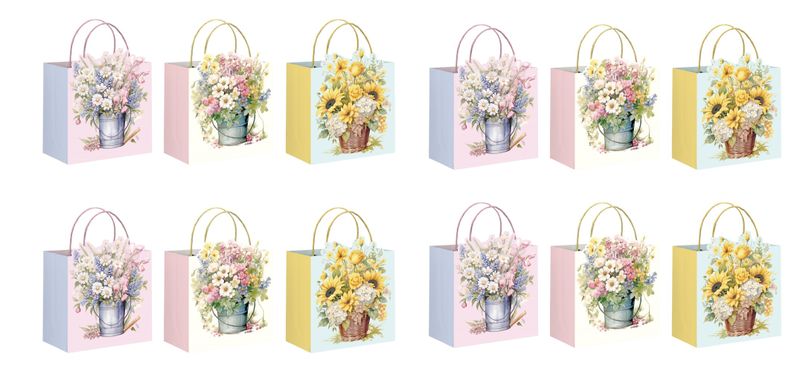 x12-Piece Colourful Blompot Floral Gift Bags Set - 23 × 23 × 15cm.