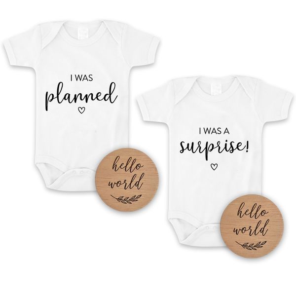 Planned &amp; Surprise Twin Pregnancy Announcement Onesies &amp; Hello World Discs